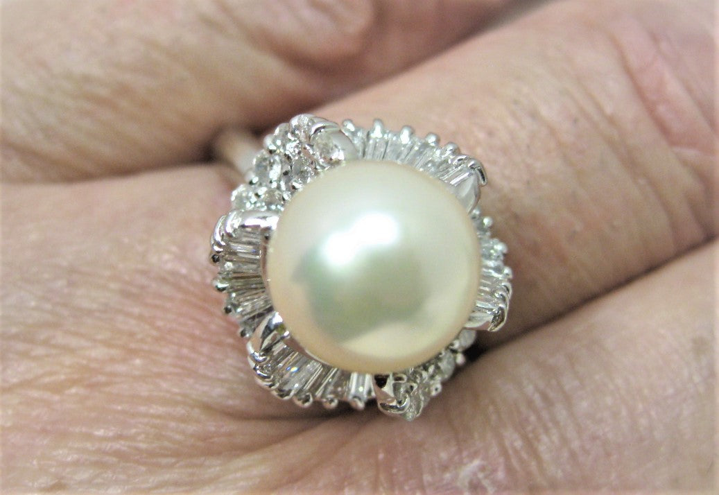 Pt900プラチナ リング指輪 パール9.8mm アコヤ真珠 ダイヤ0.91ct
